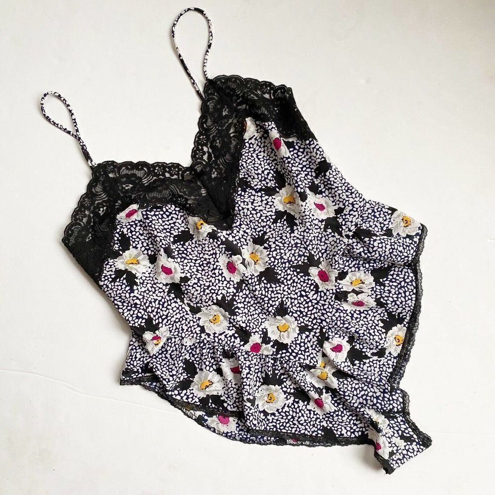 Vintage Delicates Teddy Bodysuit Satin Floral Lace Hi-Leg Black‎ Size S